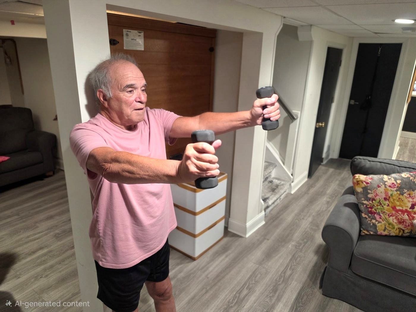 Patient performing a standing dumbbell exercise during an in-home physical therapy session