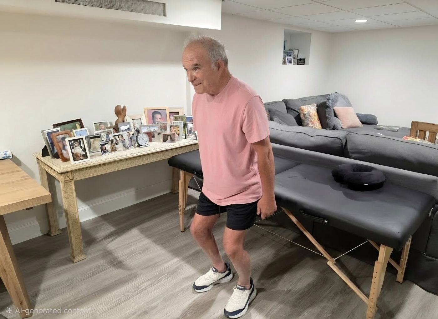 Patient standing beside a portable treatment table set up for an in-home physical therapy visit